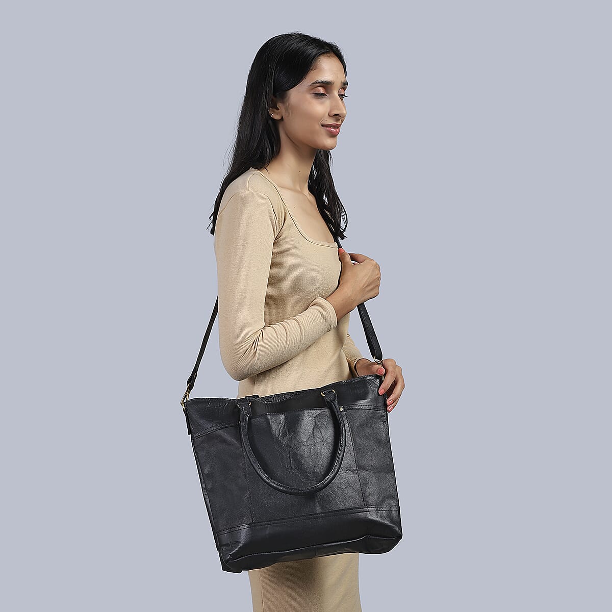 Black Genuine Leather RFID Protected Tote Bag with Adjustable Detachable Shoulder Strap  image number 1