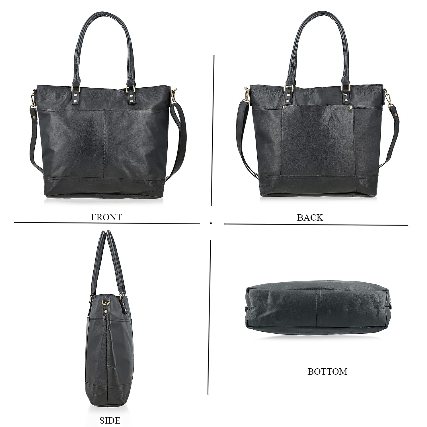 Black Genuine Leather RFID Protected Tote Bag with Adjustable Detachable Shoulder Strap