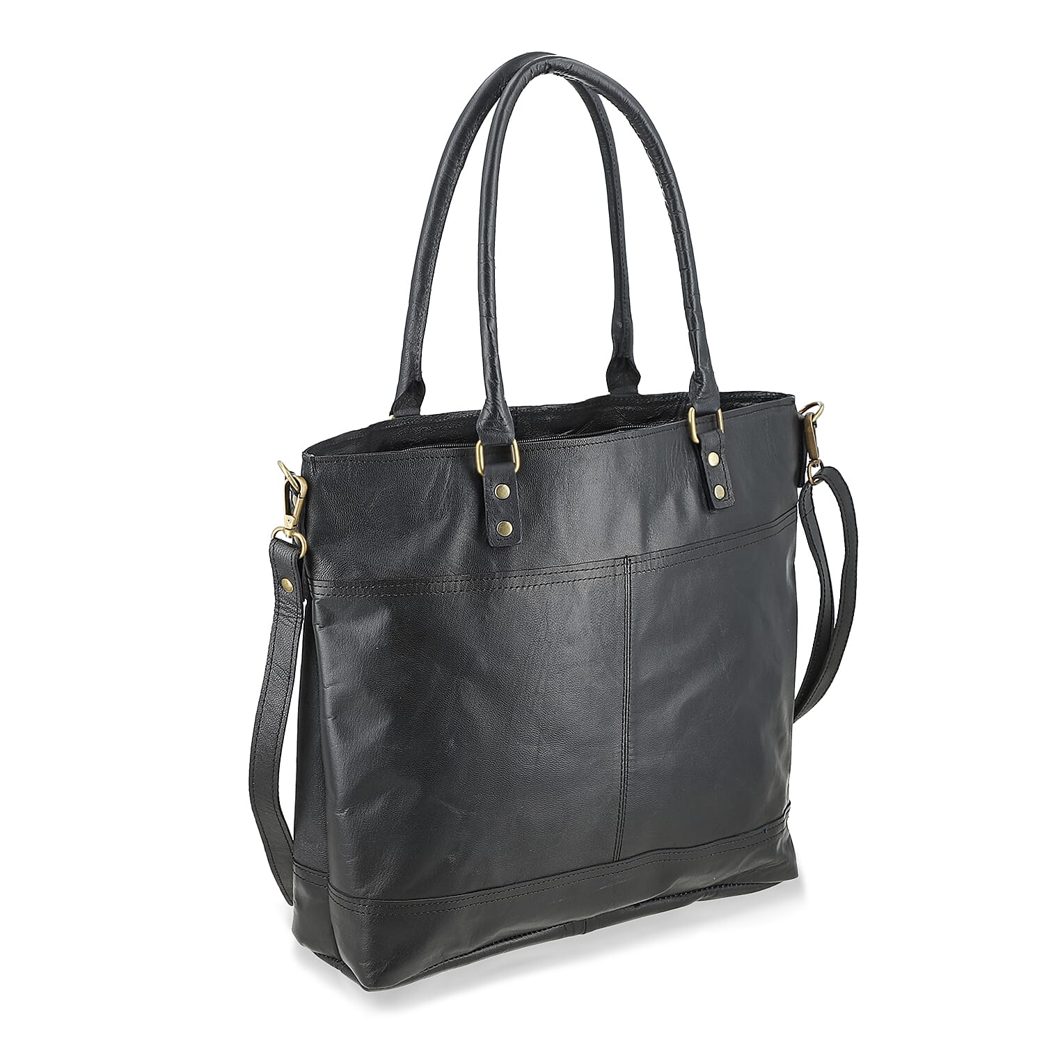 Black Genuine Leather RFID Protected Tote Bag with Adjustable Detachable Shoulder Strap