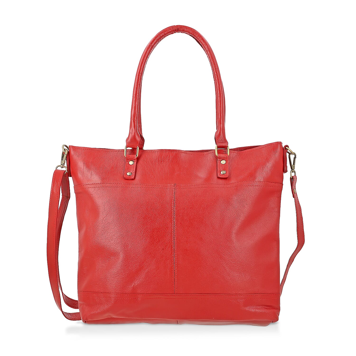 Red Genuine Leather RFID Protected Tote Bag with Adjustable Detachable Shoulder Strap