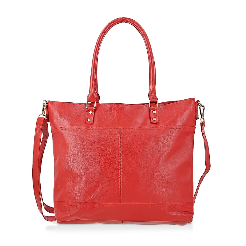 Red Genuine Leather RFID Protected Tote Bag with Adjustable Detachable Shoulder Strap