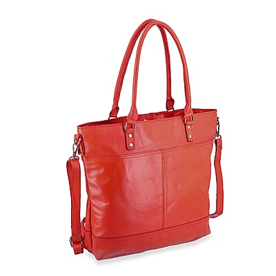 Red Genuine Leather RFID Protected Tote Bag with Adjustable Detachable Shoulder Strap