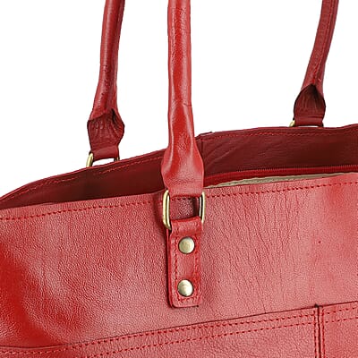 Red Genuine Leather RFID Protected Tote Bag with Adjustable Detachable Shoulder Strap