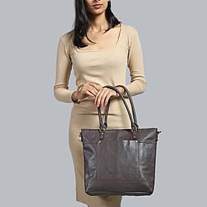 Dark Brown Genuine Leather RFID Protected Tote Bag with Adjustable Detachable Shoulder Strap 