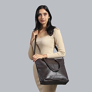 Dark Brown Genuine Leather RFID Protected Tote Bag with Adjustable Detachable Shoulder Strap 