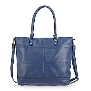 Navy Genuine Leather RFID Protected Tote Bag with Adjustable Detachable Shoulder Strap 