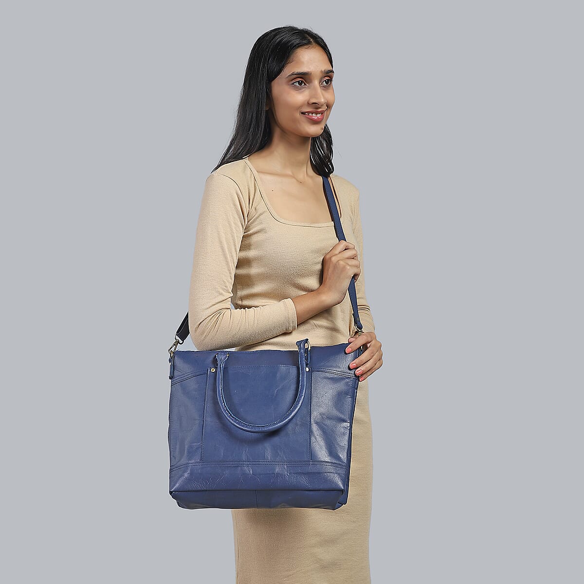 Navy Genuine Leather RFID Protected Tote Bag with Adjustable Detachable Shoulder Strap  image number 1