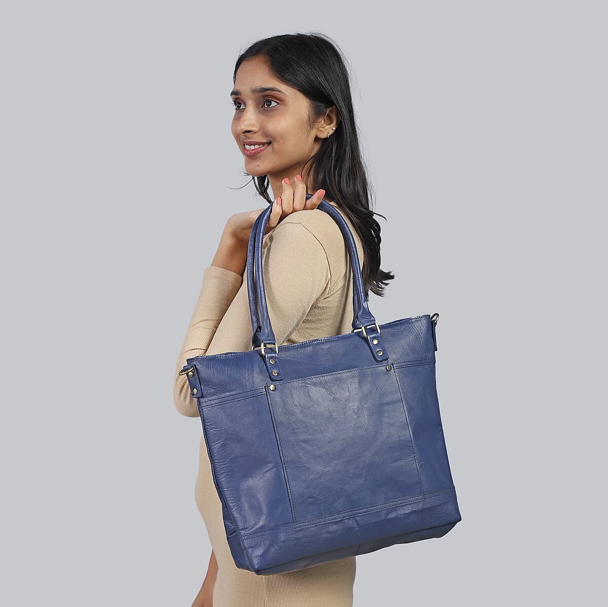 Navy Genuine Leather RFID Protected Tote Bag with Adjustable Detachable Shoulder Strap  image number 2