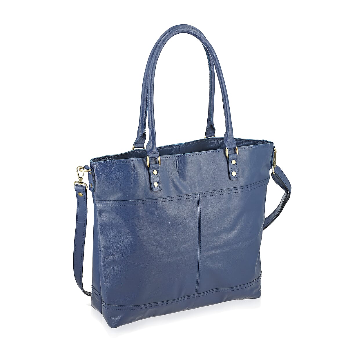 Navy Genuine Leather RFID Protected Tote Bag with Adjustable Detachable Shoulder Strap  image number 4