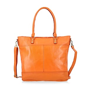 Orange Genuine Leather RFID Protected Tote Bag with Adjustable Detachable Shoulder Strap 
