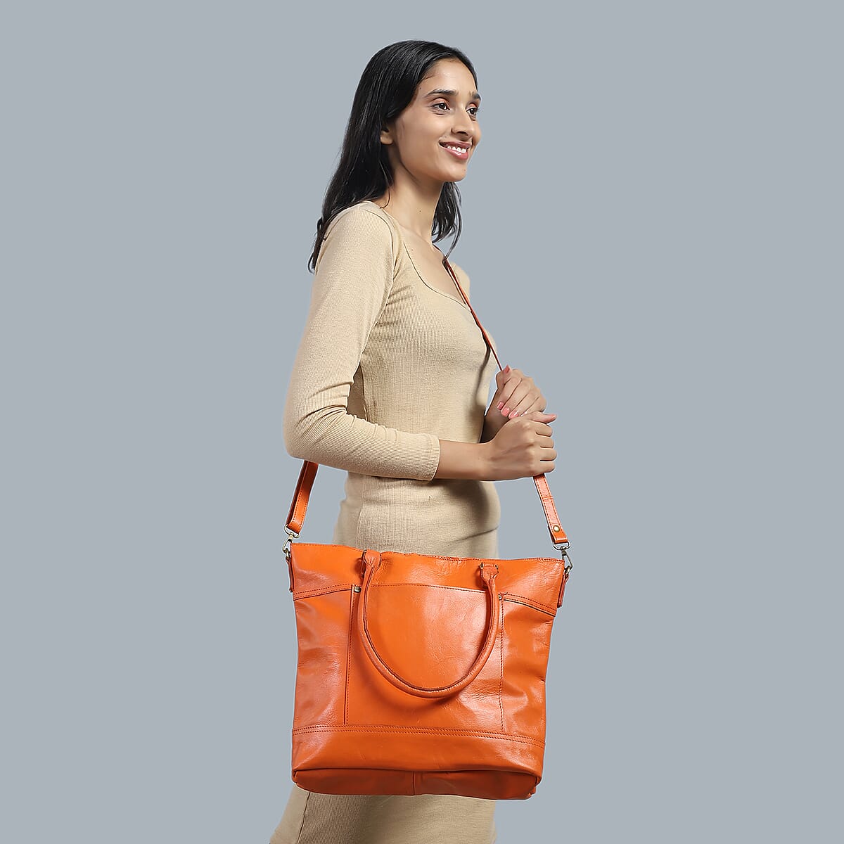 Orange Genuine Leather RFID Protected Tote Bag with Adjustable Detachable Shoulder Strap  image number 1