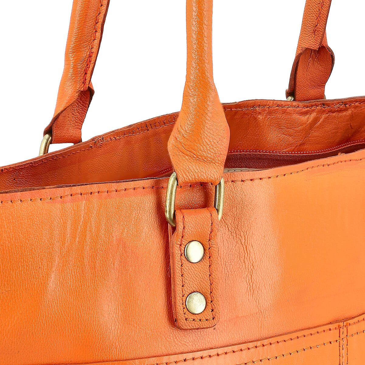 Orange Genuine Leather RFID Protected Tote Bag with Adjustable Detachable Shoulder Strap  image number 6