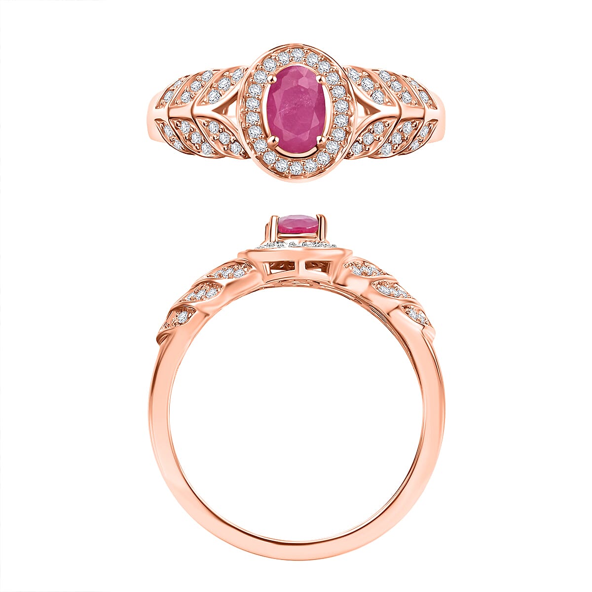 Mozambique Ruby and Moissanite 0.83 ctw Ring in 18K Vermeil Rose Gold Over Sterling Silver (Size 11.0)