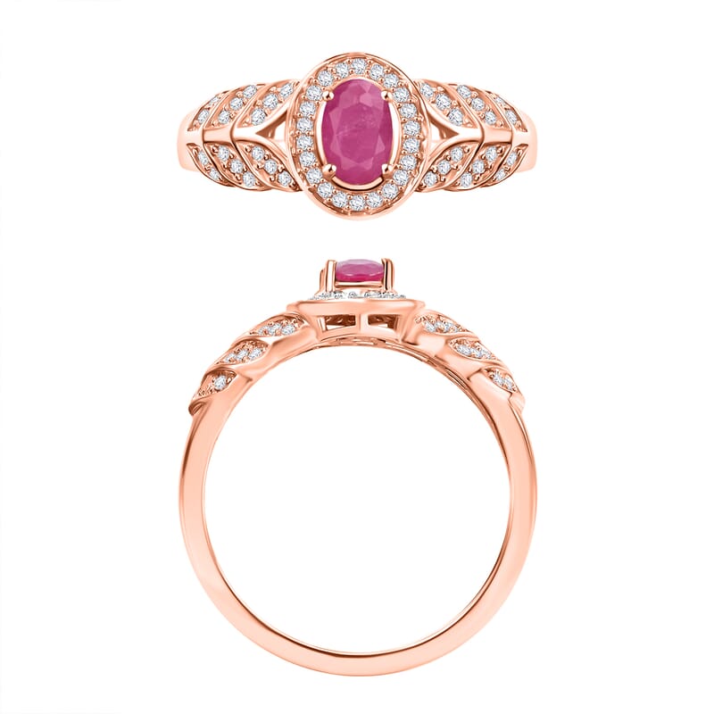 Mozambique Ruby and Moissanite 0.83 ctw Ring in 18K Vermeil Rose Gold Over Sterling Silver (Size 11.0)