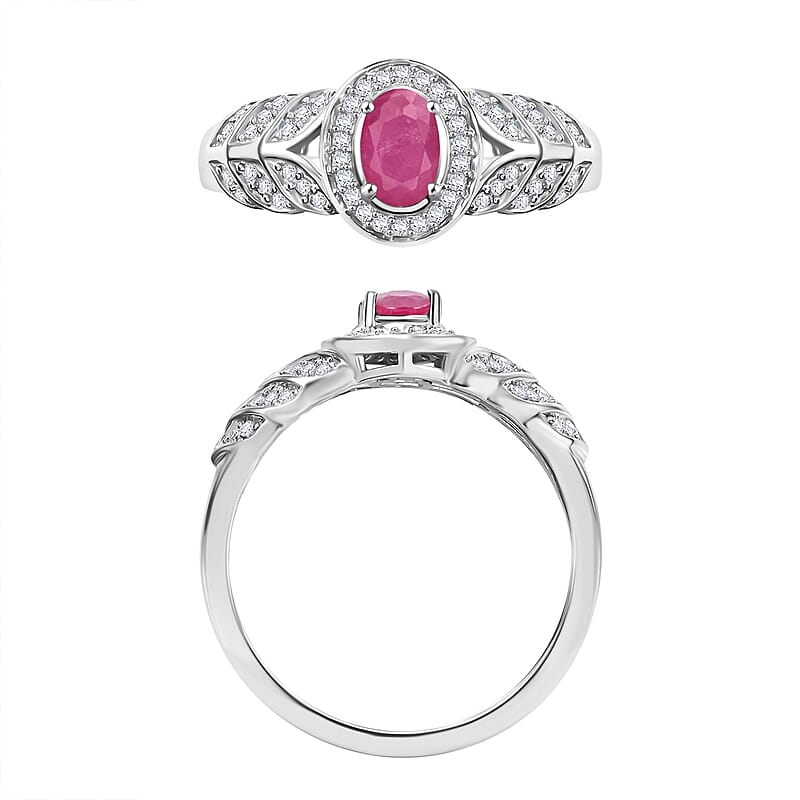 D'Joy Mozambique Ruby and Moissanite 0.83 ctw Ring in Rhodium Over Sterling Silver (Size 10.0)