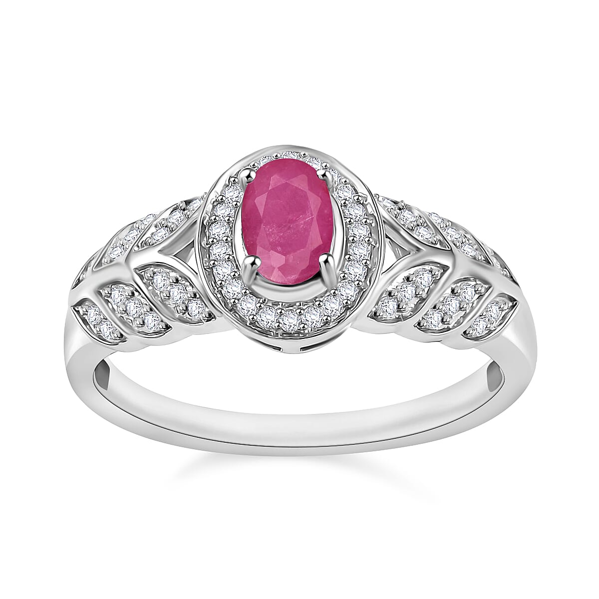 Mozambique Ruby and Moissanite 0.83 ctw Ring in Rhodium Over Sterling Silver (Size 11.5)