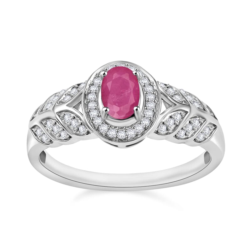 Mozambique Ruby and Moissanite 0.83 ctw Ring in Rhodium Over Sterling Silver (Size 11.5)