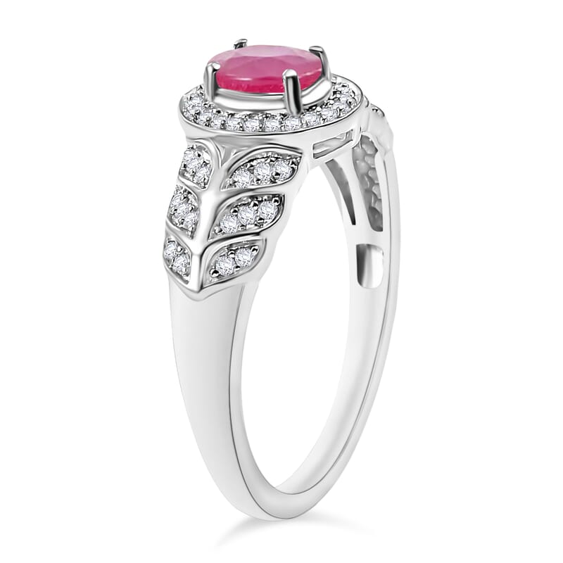 Mozambique Ruby and Moissanite 0.83 ctw Ring in Rhodium Over Sterling Silver (Size 11.5)