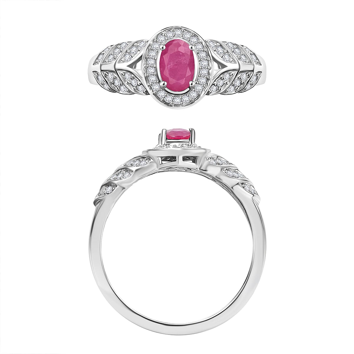 Mozambique Ruby and Moissanite 0.83 ctw Ring in Rhodium Over Sterling Silver (Size 11.5)