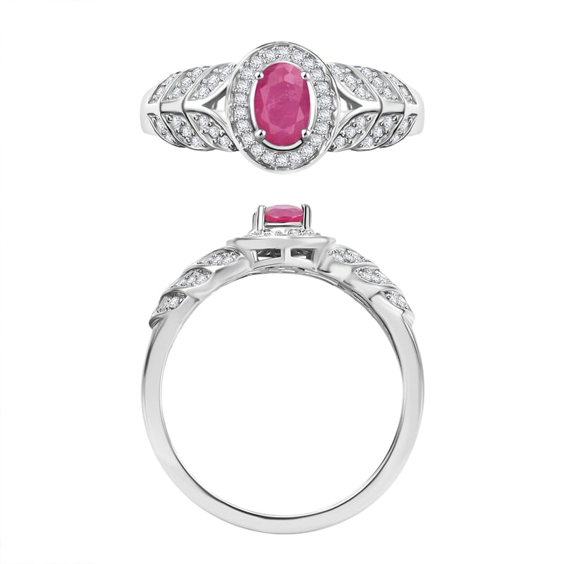 Mozambique Ruby and Moissanite 0.83 ctw Ring in Rhodium Over Sterling Silver (Size 11.5)