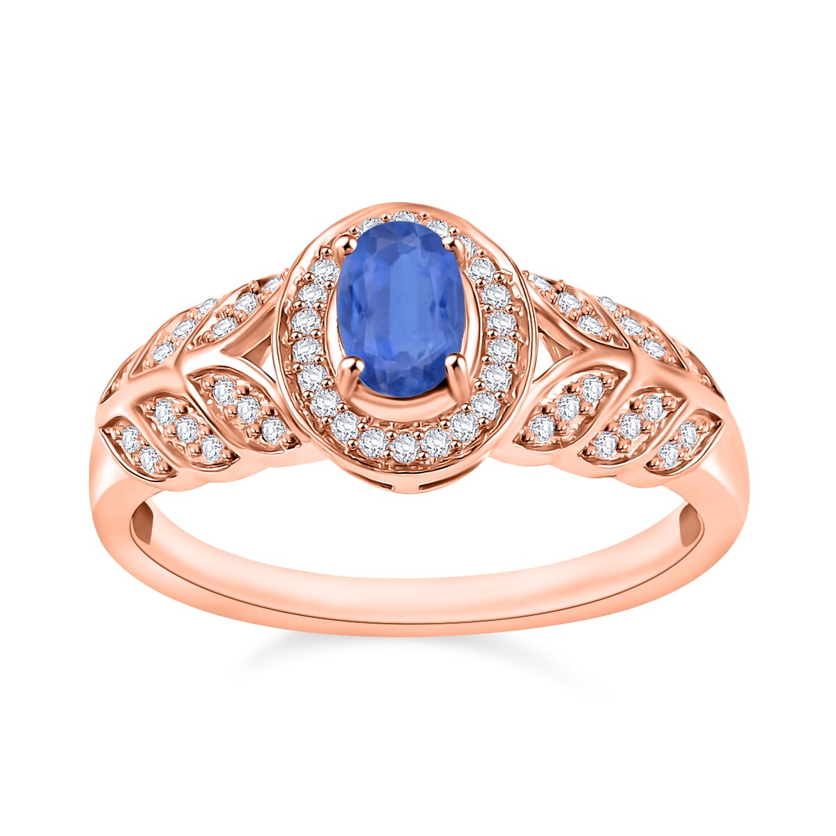 Kanchanaburi Blue Sapphire and Moissanite 0.82 ctw Ring in 18K Vermeil Rose Gold Over Sterling Silver (Size 10.0) image number 0