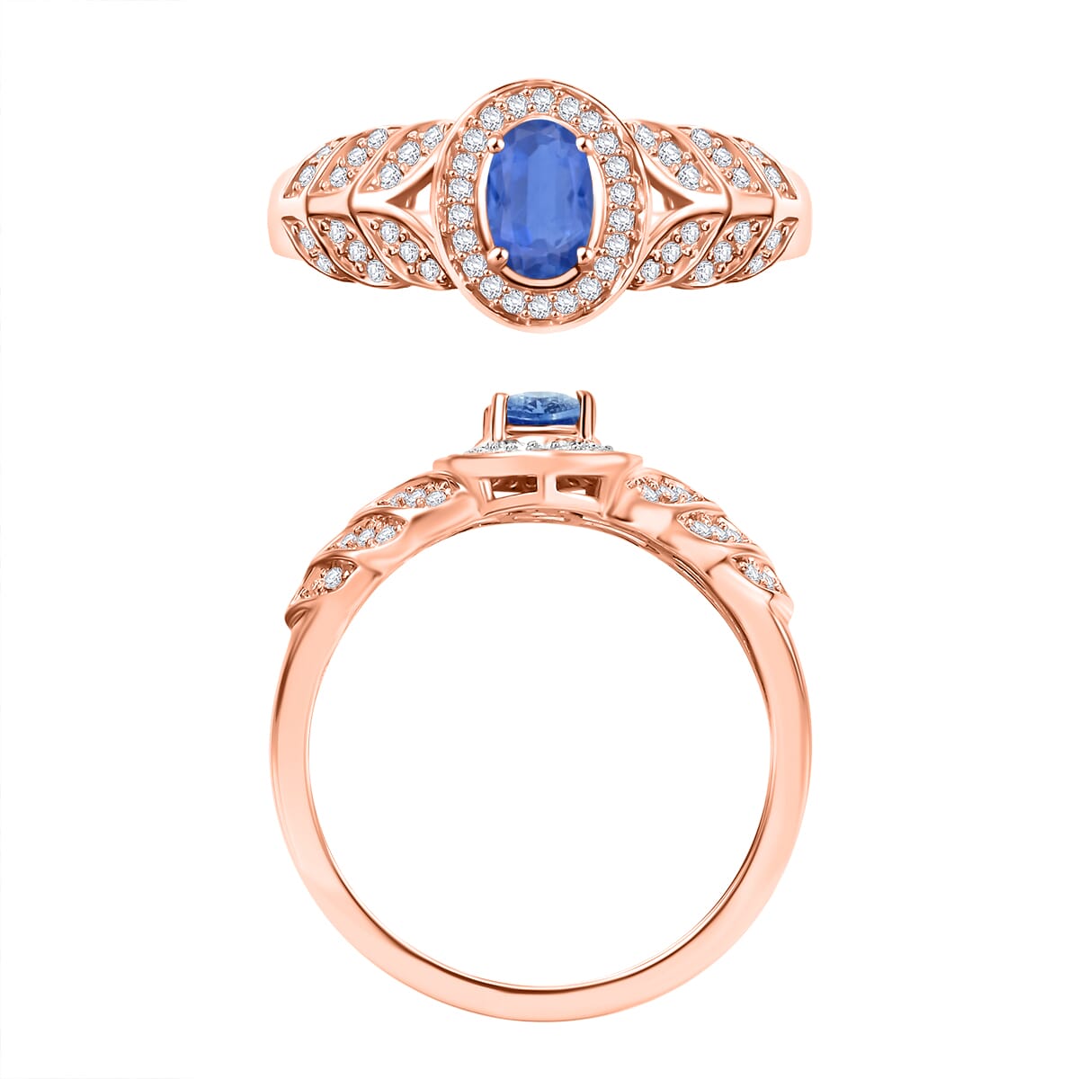 Kanchanaburi Blue Sapphire and Moissanite 0.82 ctw Ring in 18K Vermeil Rose Gold Over Sterling Silver (Size 10.0) image number 3