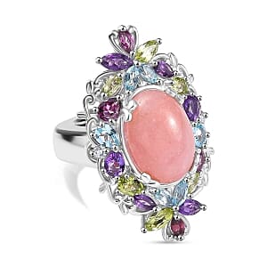 Vinicunca Peruvian Opal and Multi Gemstone 8.23 ctw Ring in Rhodium Over Sterling Silver (Size 9.0)