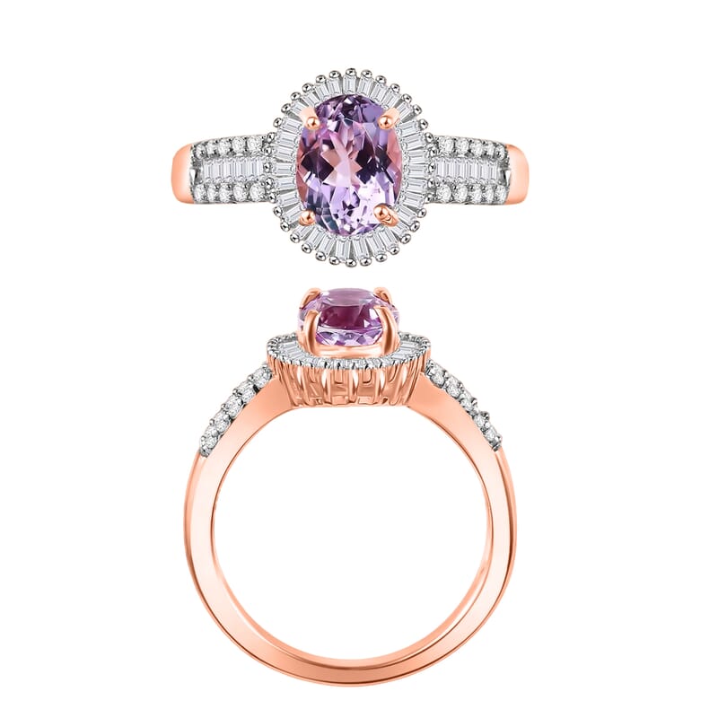 D'Joy Premium Martha Rocha Kunzite and Diamond 1.81 ctw Halo Ring in 18K Vermeil Rose Gold Over Sterling Silver (Size 5.0)