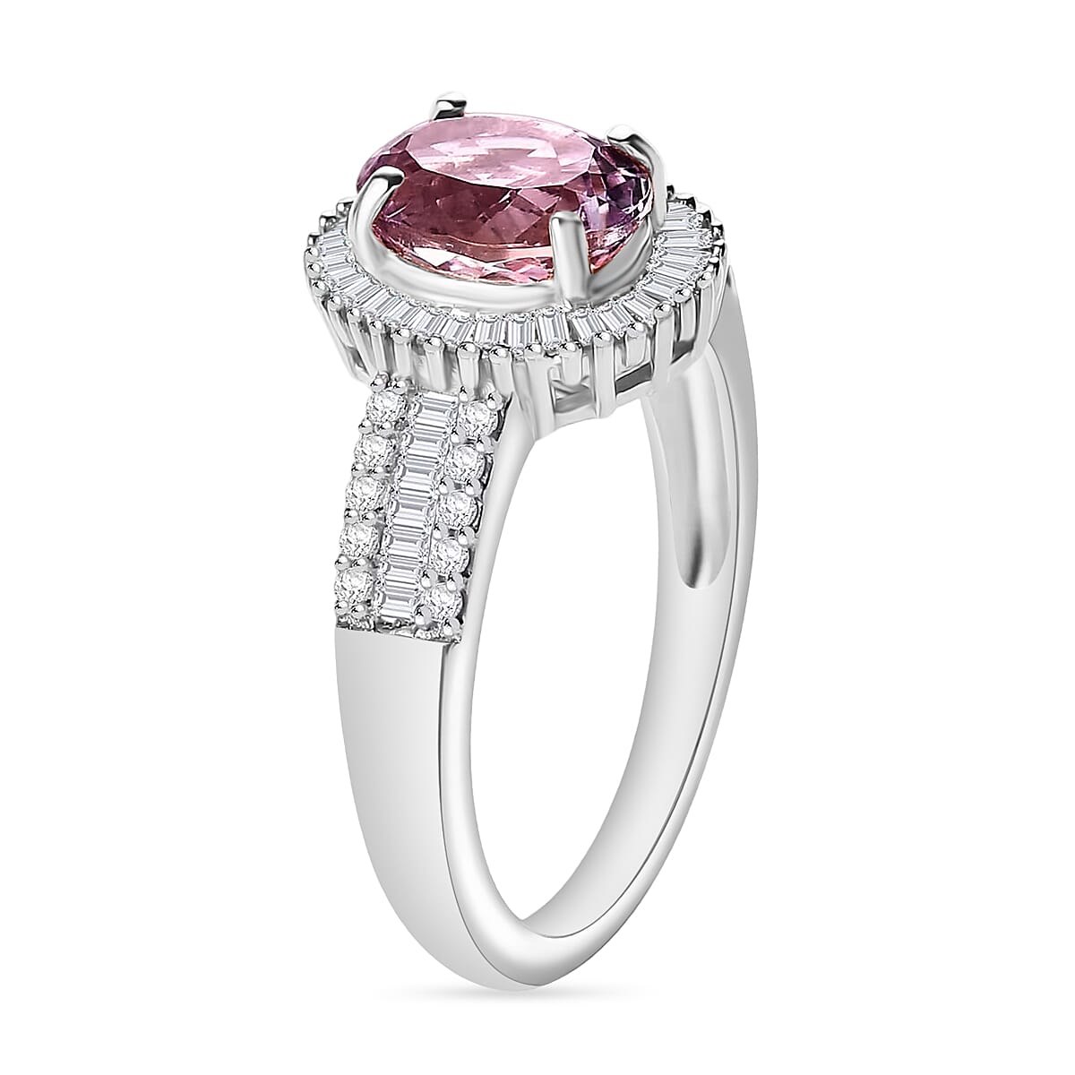 Premium Martha Rocha Kunzite and Diamond 1.81 ctw Halo Ring in Rhodium Over Sterling Silver (Size 5.5) (Del. in 10-12 Days) image number 2