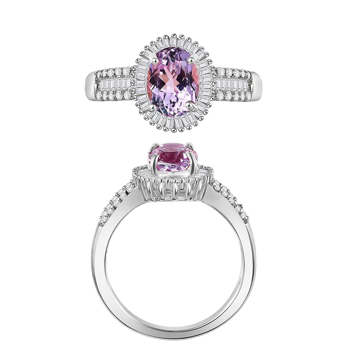 Premium Martha Rocha Kunzite and Diamond 1.81 ctw Halo Ring in Rhodium Over Sterling Silver (Size 5.5) (Del. in 10-12 Days) image number 3