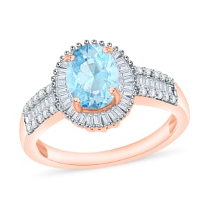 Premium Mangoro Aquamarine and Diamond 1.71 ctw Halo Ring in 18K Vermeil Rose Gold Over Sterling Silver (Size 10.0)
