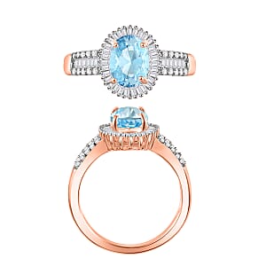 Premium Mangoro Aquamarine and Diamond 1.71 ctw Halo Ring in 18K Vermeil Rose Gold Over Sterling Silver (Size 10.0) (Del. in 10-12 Days)