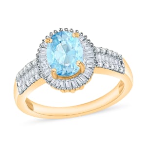Premium Mangoro Aquamarine and Diamond 1.71 ctw Halo Ring in 18K Vermeil Yellow Gold Over Sterling Silver (Size 8.0)
