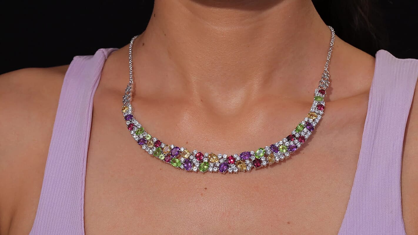 GP Royal Art Deco Collection Multi Gemstone 26.75 ctw Necklace in Rhodium Over Sterling Silver 18 Inches