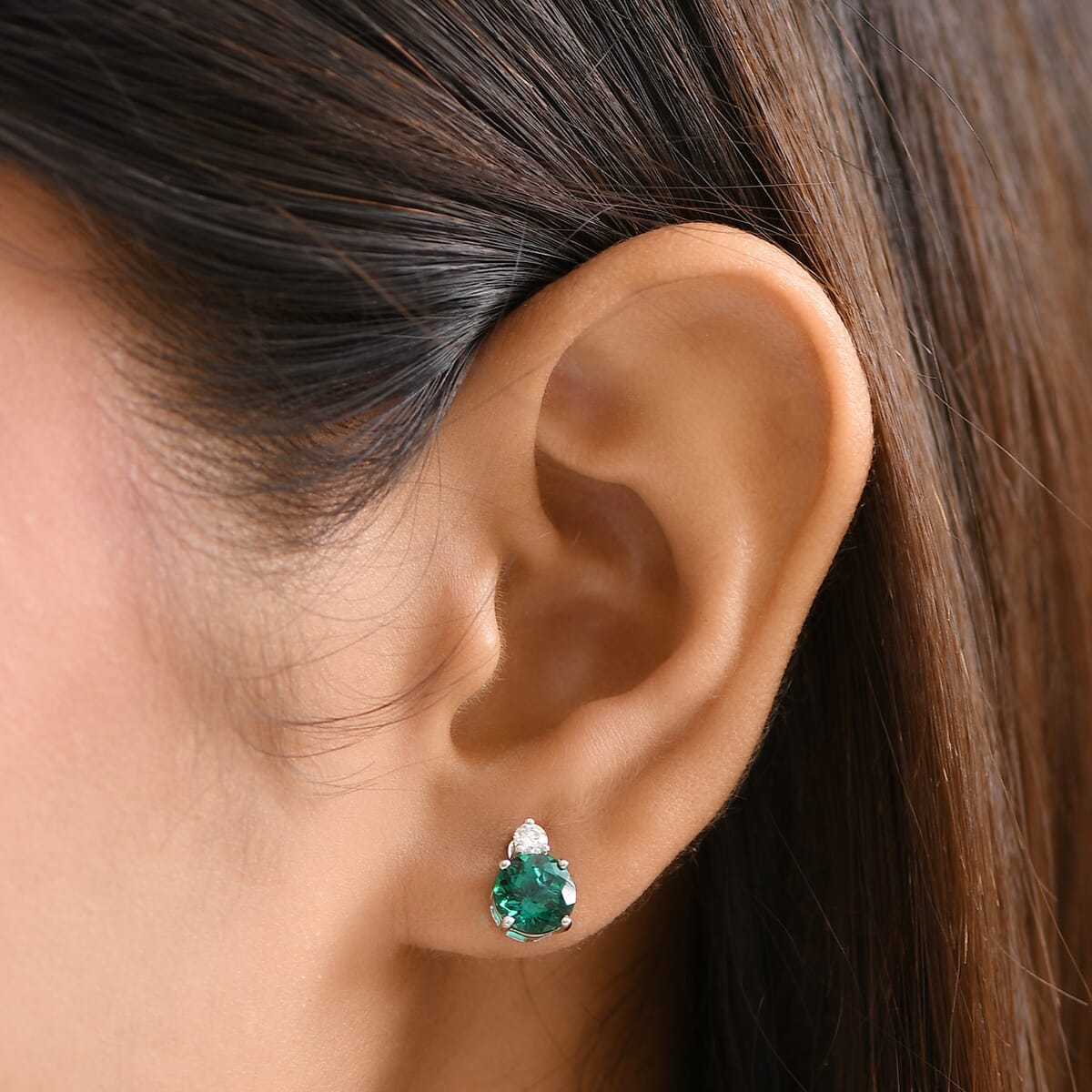 AAA Luxuriant Lab Grown Emerald and G-H SI Lab Grown Diamond 2.01 ctw Earrings in 10K White Gold image number 2
