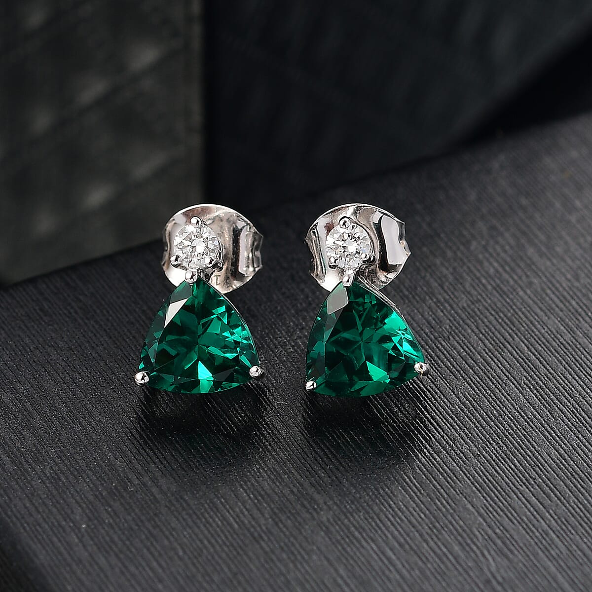 AAA Luxuriant Lab Grown Emerald and G-H SI Lab Grown Diamond 2.30 ctw Earrings in 10K White Gold image number 1