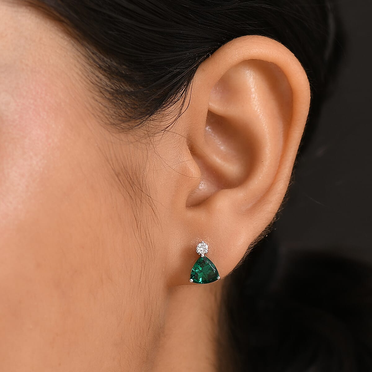 AAA Luxuriant Lab Grown Emerald and G-H SI Lab Grown Diamond 2.30 ctw Earrings in 10K White Gold image number 2