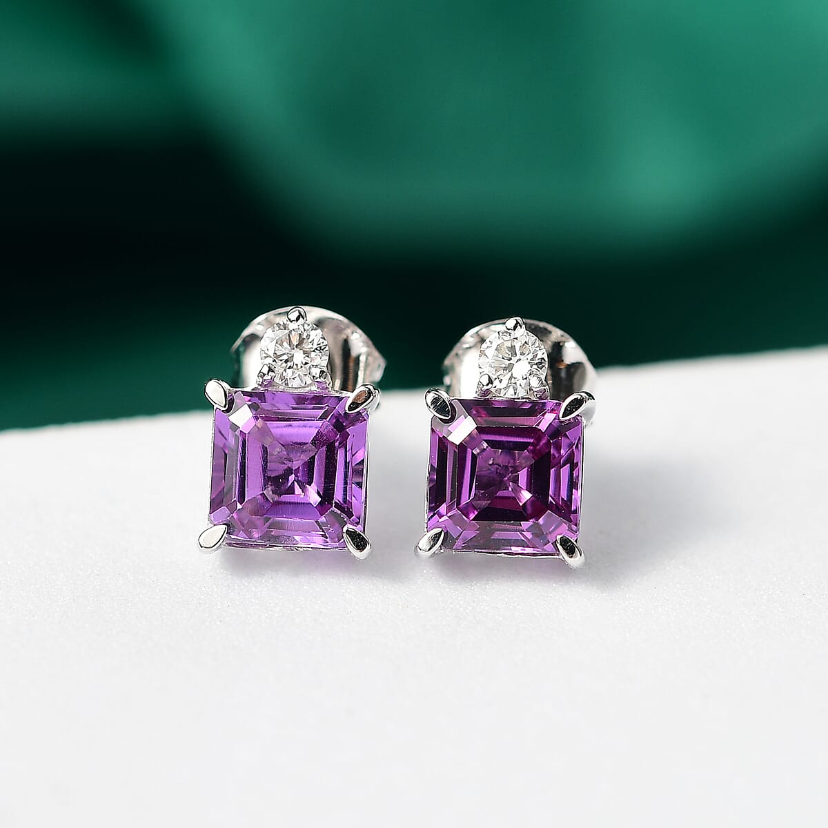 AAA Luxuriant Lab Grown Purple Sapphire and G-H SI Lab Grown Diamond 3.02 ctw Earrings in 10K White Gold image number 1