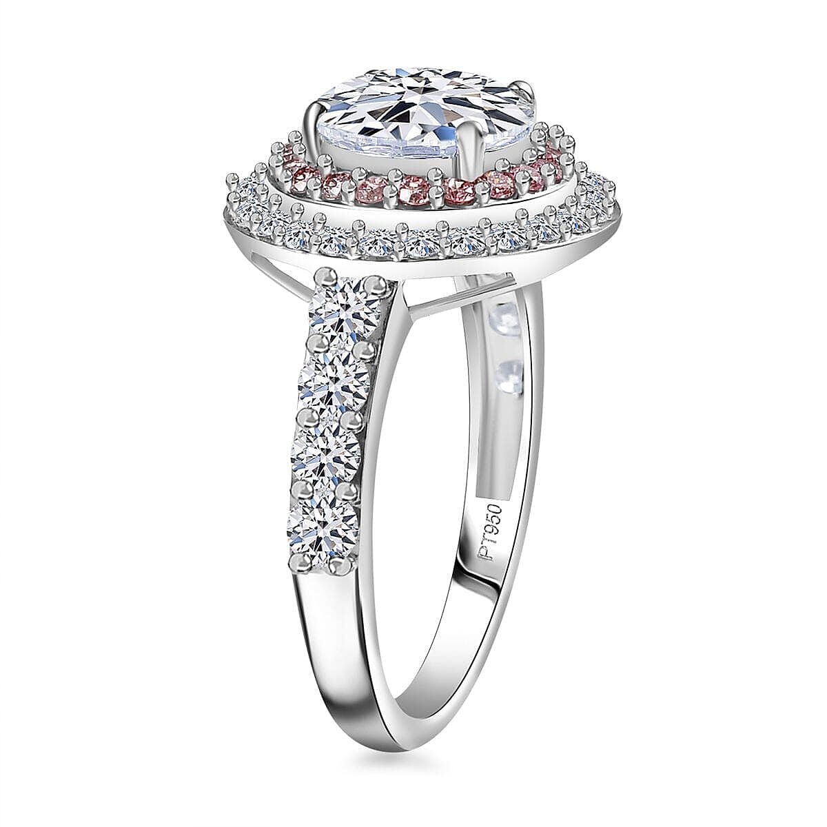 TLV IGI Certified 950 Platinum Luxuriant Lab Grown White and Pink Diamond (VS) Radiant Halo Ring (Size 5.0) (Del. In 12-15 Days) 3.00 ctw image number 2