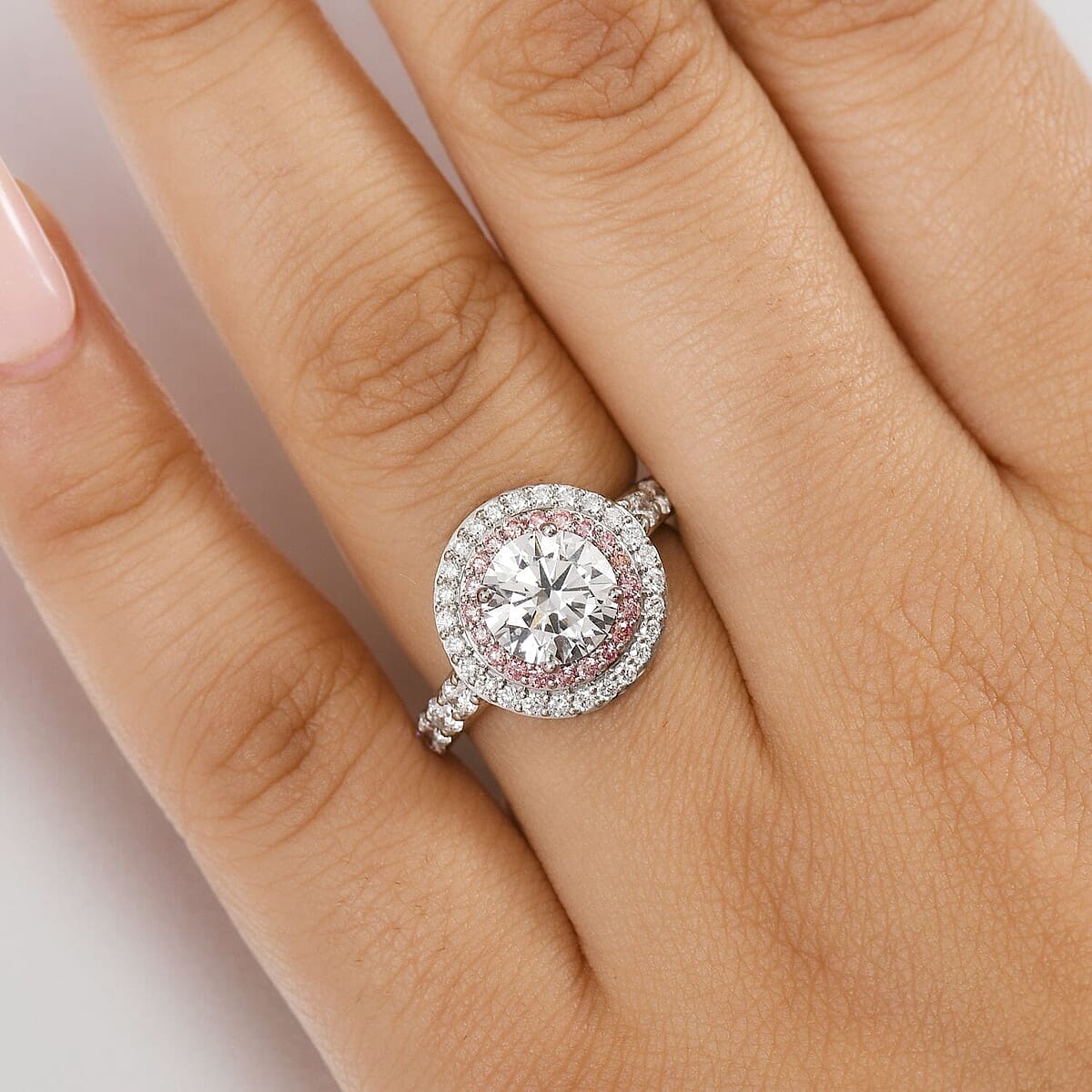 TLV IGI Certified 950 Platinum Luxuriant Lab Grown White and Pink Diamond (VS) Radiant Halo Ring (Size 6.5) (Del. In 12-15 Days) 3.00 ctw image number 1
