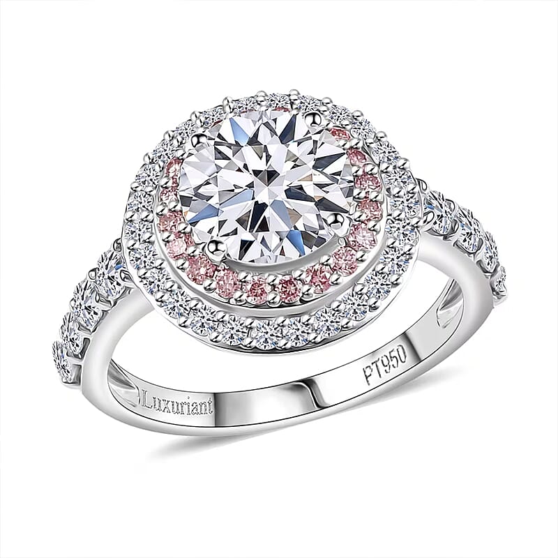 IGI Certified Luxuriant Lab Grown Diamond VS and Lab Grown Pink Diamond (IR) 3.00 ctw Radiant Halo Ring in 950 Platinum (Size 7.0)