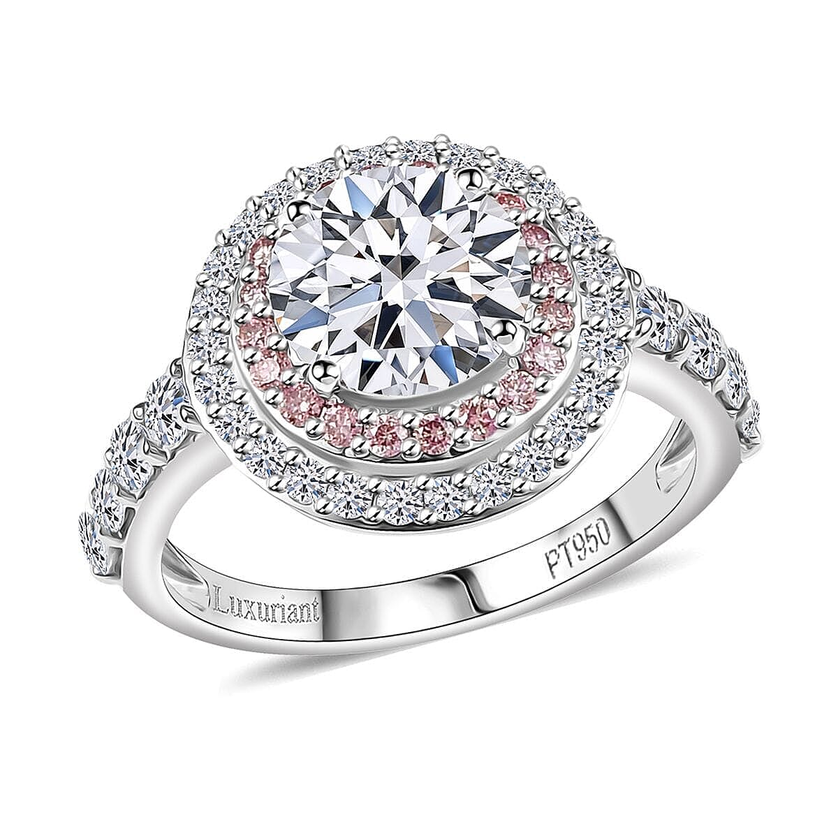TLV IGI Certified 950 Platinum Luxuriant Lab Grown White and Pink Diamond (VS) Radiant Halo Ring (Size 7.5) (Del. In 12-15 Days) 3.00 ctw image number 0