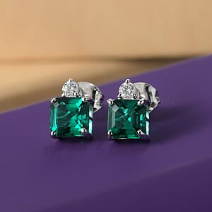 AAA Luxuriant Lab Grown Emerald and G-H SI Lab Grown Diamond 1.92 ctw Earrings in 10K White Gold