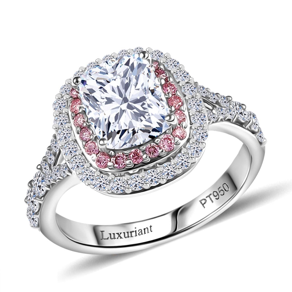 IGI Certified Luxuriant Lab Grown White and Pink Diamond VS 3.00 ctw Radiant Halo Ring in 950 Platinum (Size 10.0) (Del. In 12-15 Days) image number 0