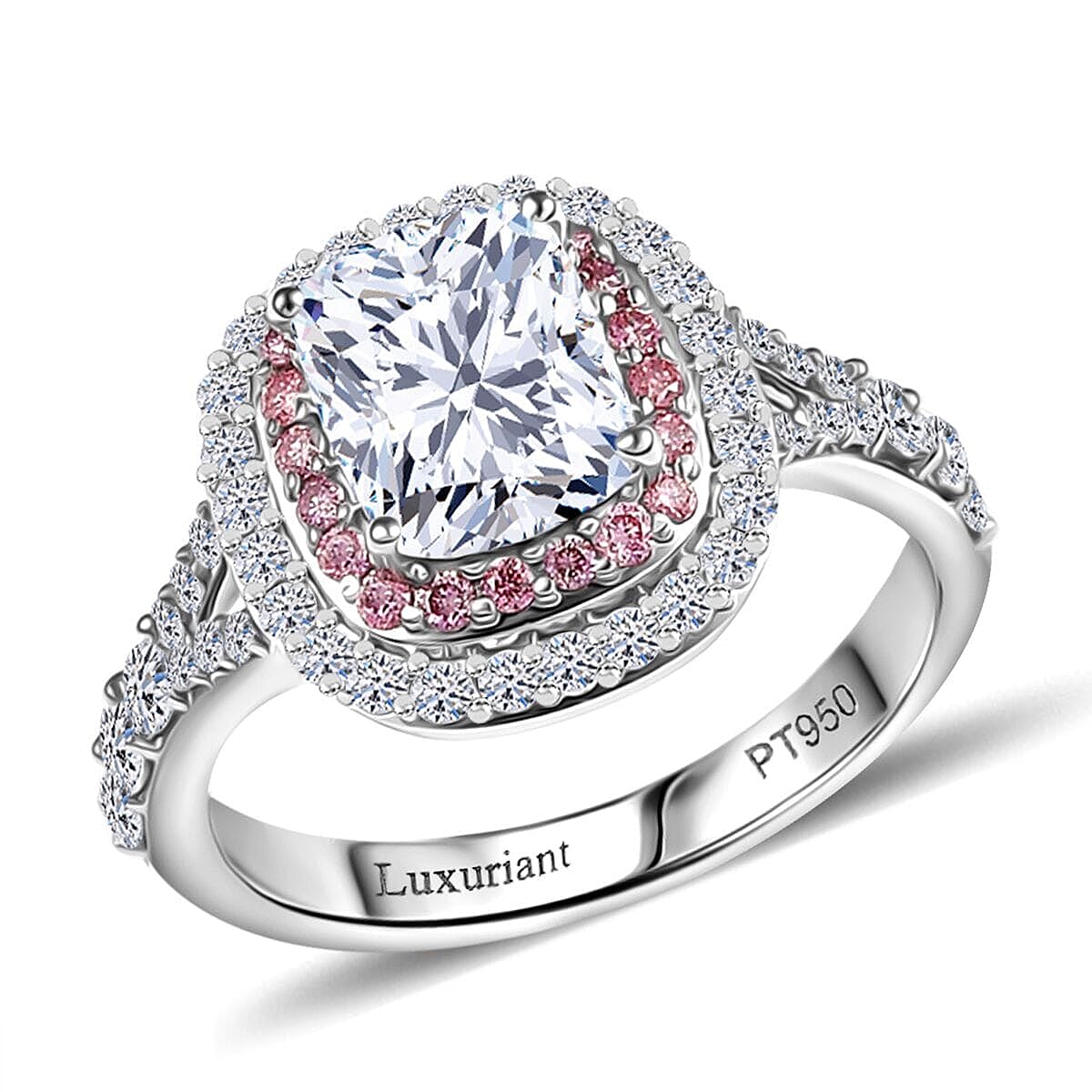 IGI Certified 950 Platinum Luxuriant Lab Grown White and Pink Diamond (VS) Radiant Halo Ring (Size 9.5) 3.00 ctw image number 0