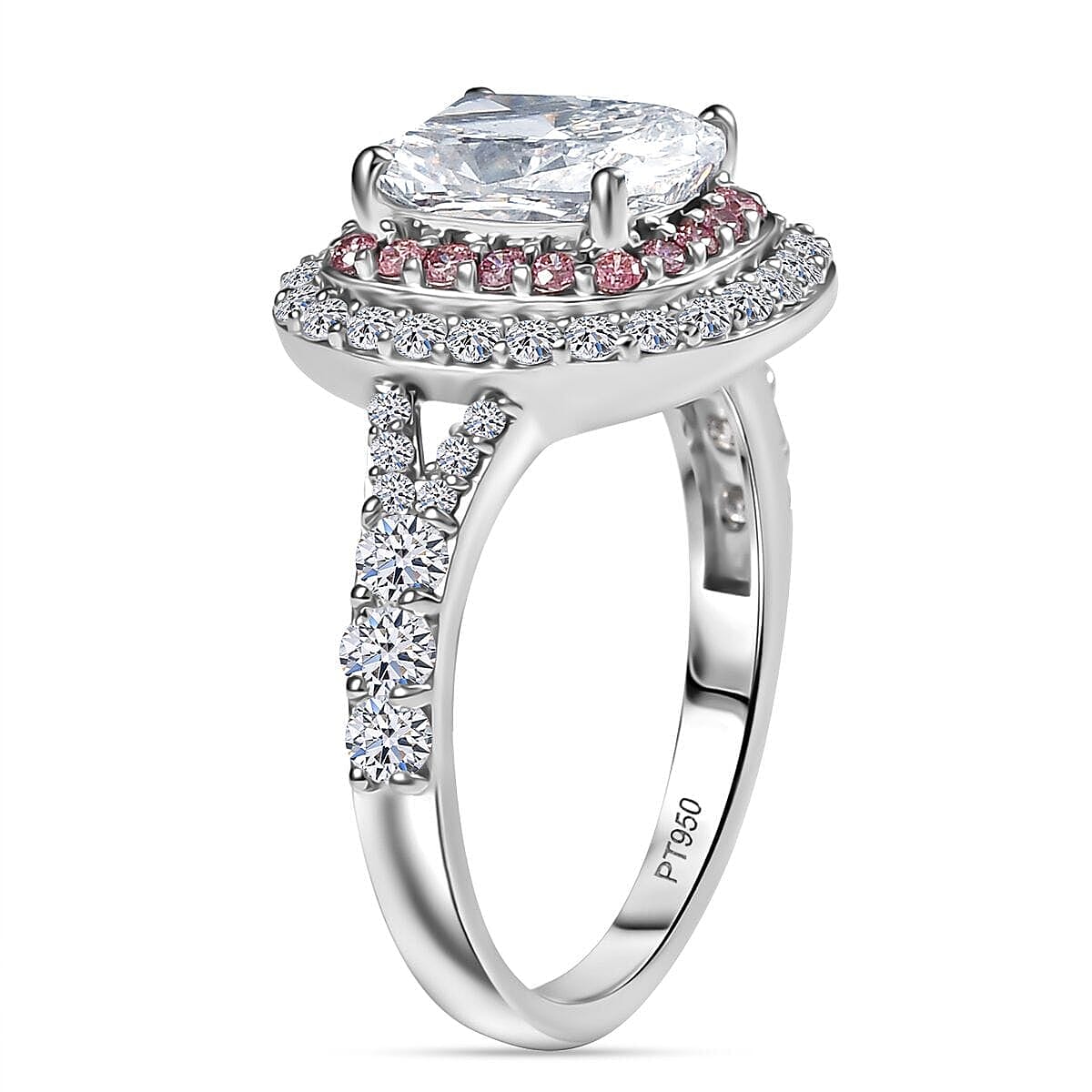 IGI Certified 950 Platinum Luxuriant Lab Grown White and Pink Diamond (VS) Radiant Halo Ring (Size 9.5) 3.00 ctw image number 3