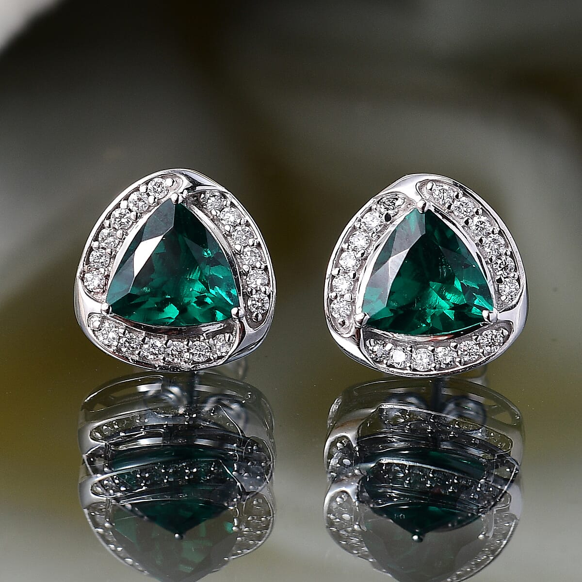 AAA Luxuriant Lab Grown Emerald and G-H SI Lab Grown Diamond 2.30 ctw Earrings in 10K White Gold image number 1