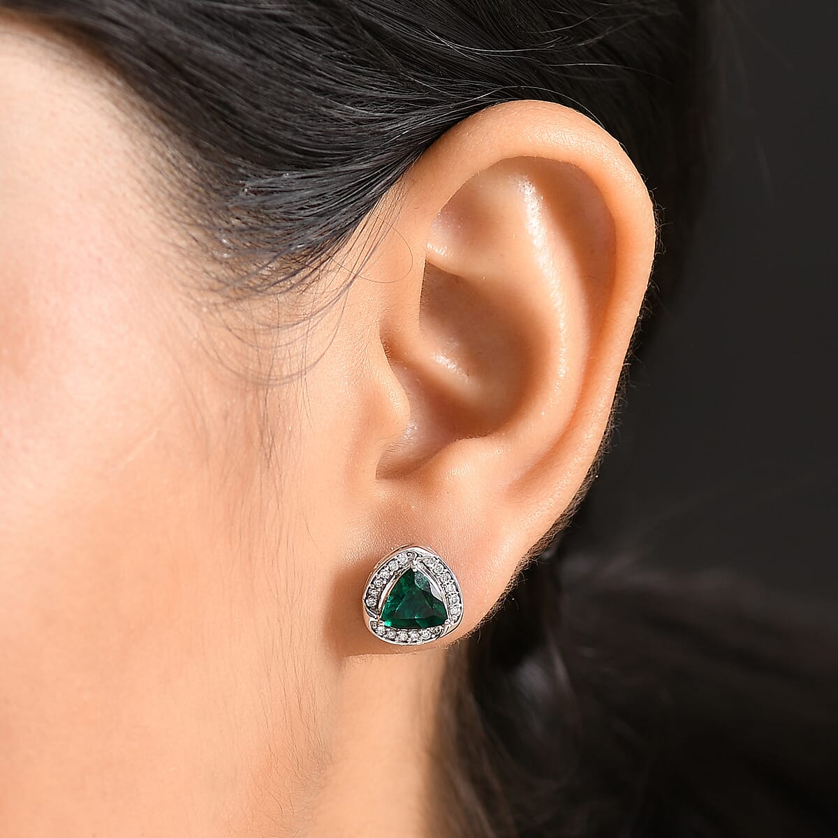 AAA Luxuriant Lab Grown Emerald and G-H SI Lab Grown Diamond 2.30 ctw Earrings in 10K White Gold image number 2