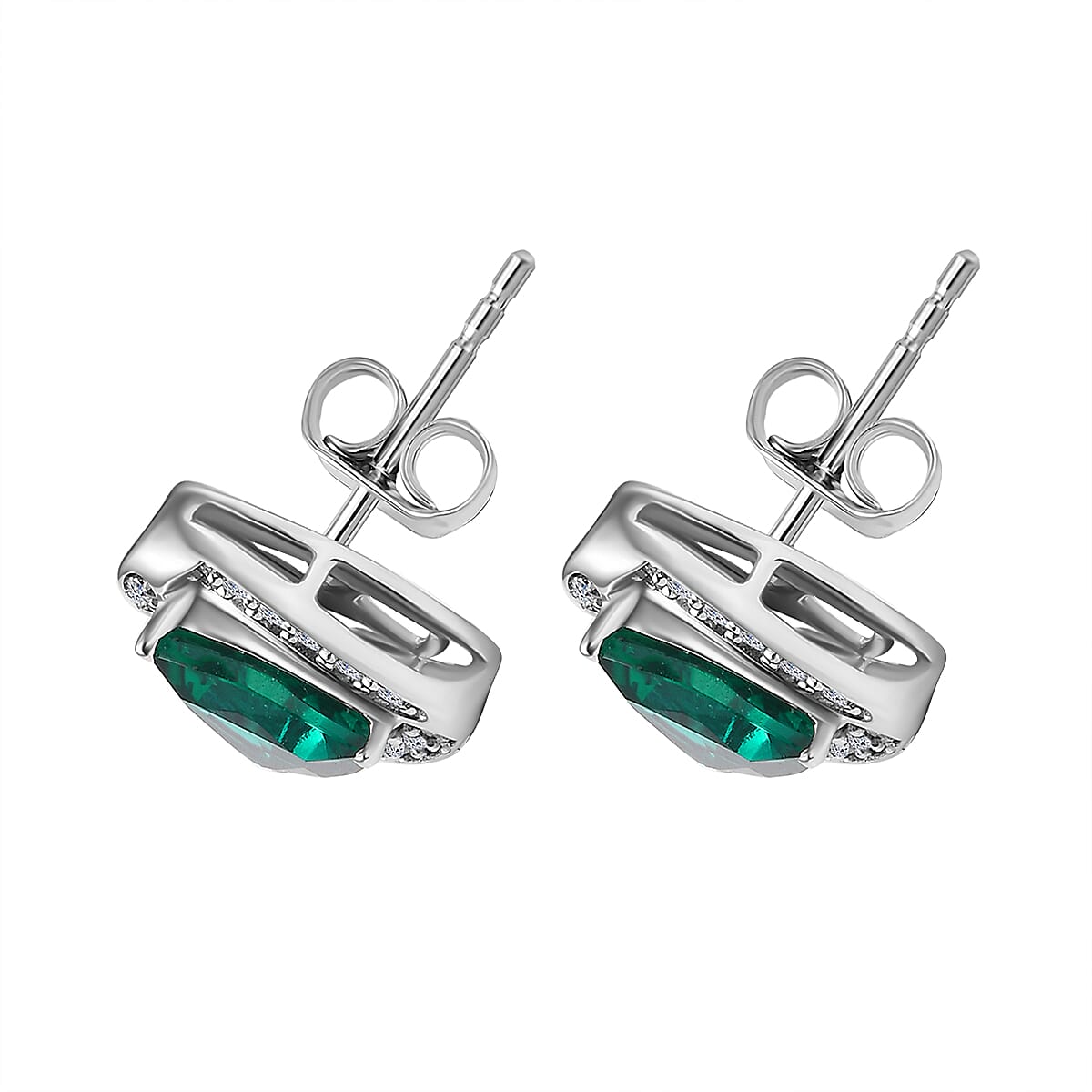 AAA Luxuriant Lab Grown Emerald and G-H SI Lab Grown Diamond 2.30 ctw Earrings in 10K White Gold image number 3