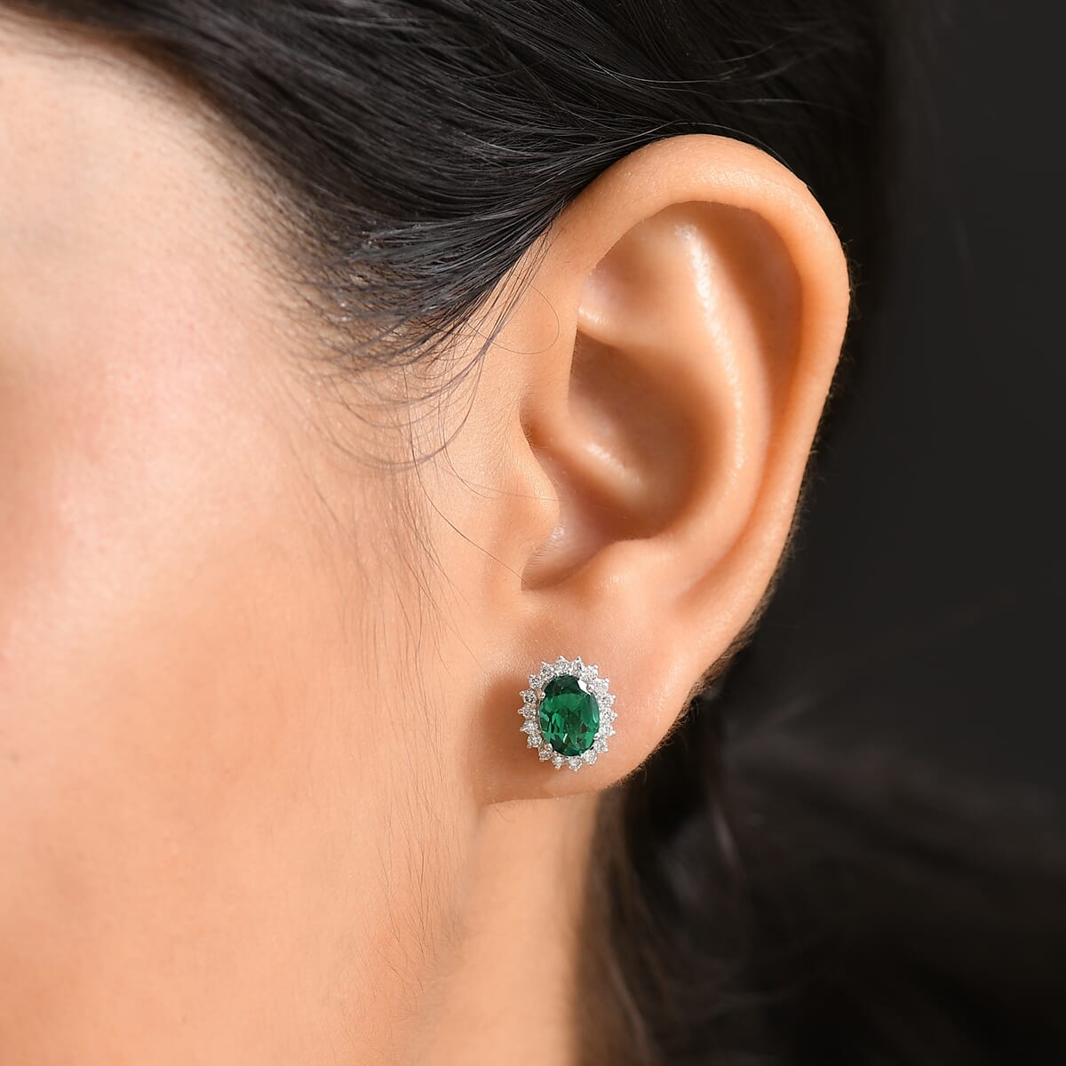 AAA Luxuriant Lab Grown Emerald and G-H SI Lab Grown Diamond 2.11 ctw Earrings in 10K White Gold image number 2